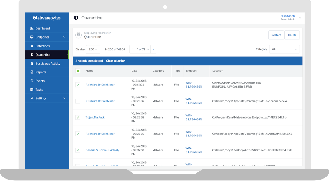 Laptop showing the Malwarebytes cloud console dashboard pane with tasks, detection history, and number of detection widgets.