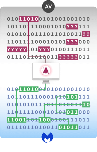 From top of image, AV label w/ undetected malicious code, below displays Malwarebytes logo with malicious code detected.